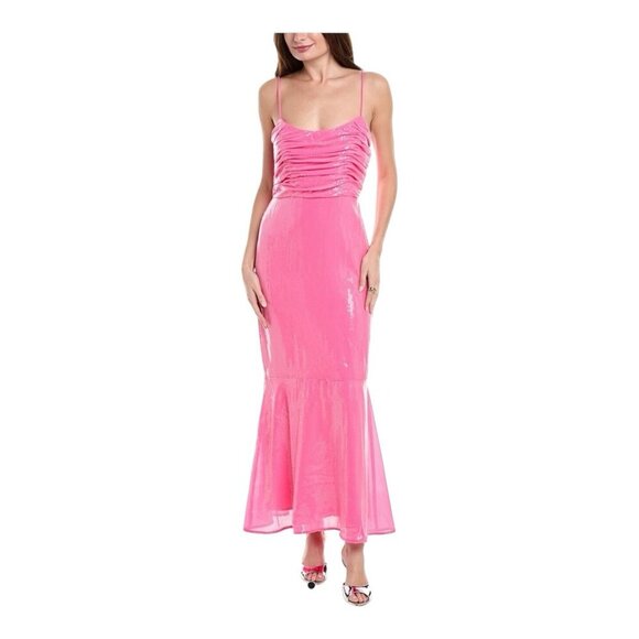 Hutch Anthropologie Tylia Maxi Dress Size 0 Barbie Pink Ruched Bodice Sequined - Picture 1 of 10